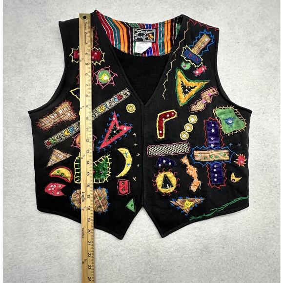 Jou Jou Vintage Womens Vest Patchwork Embroidered Folklore Black - Picture 4 of 7